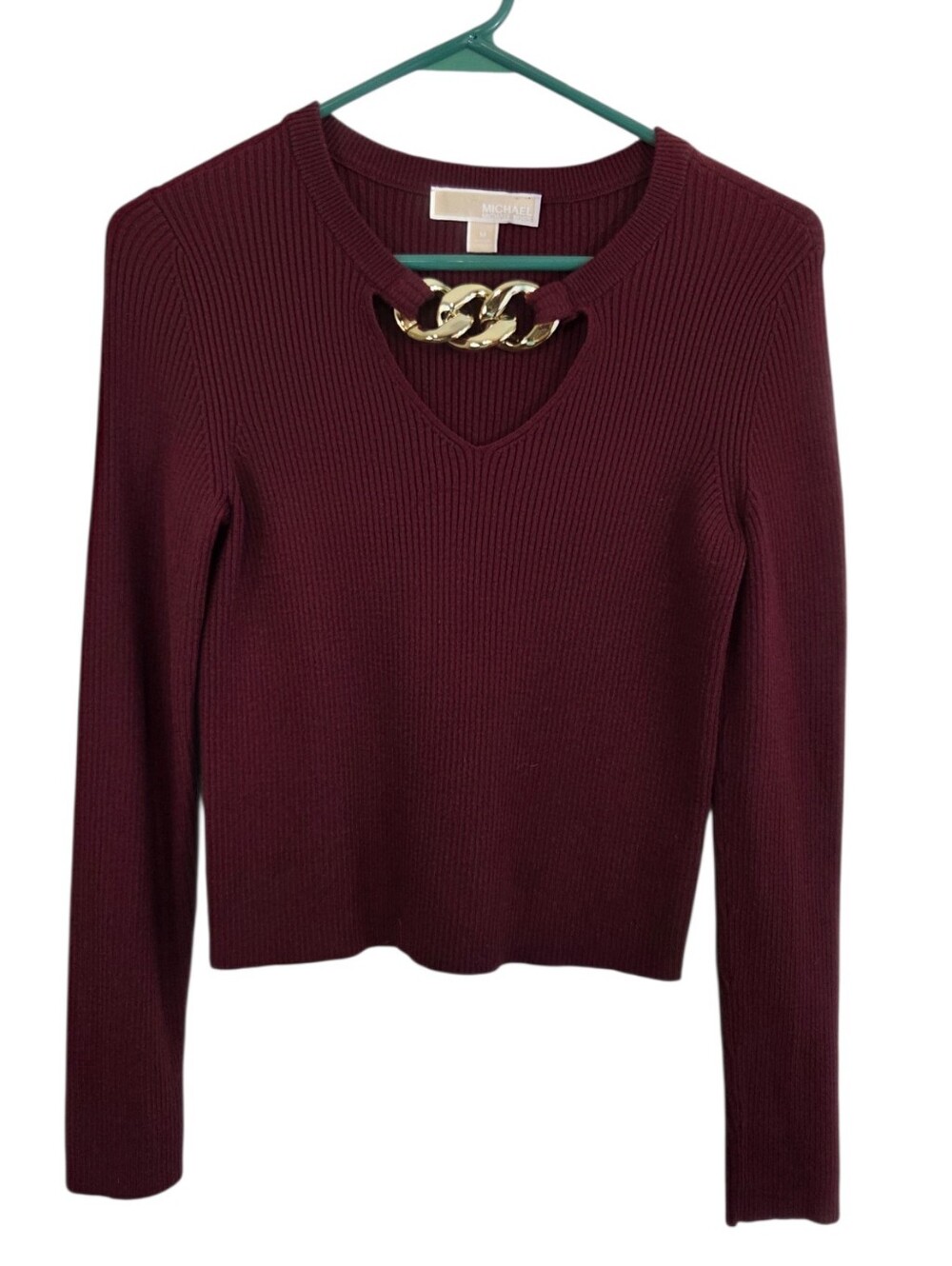 MICHAEL Michael Kors Maroon Keyhole Ribbed Cropped Long Sleeve Sweater Size M